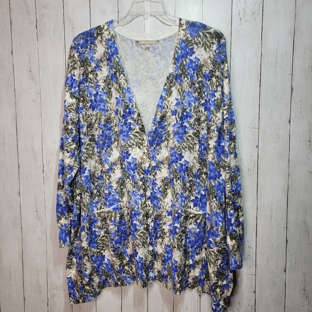 Woman Within Blue Floral Cotton Button Front Cardigan Sweater Size 4X 34/36.
